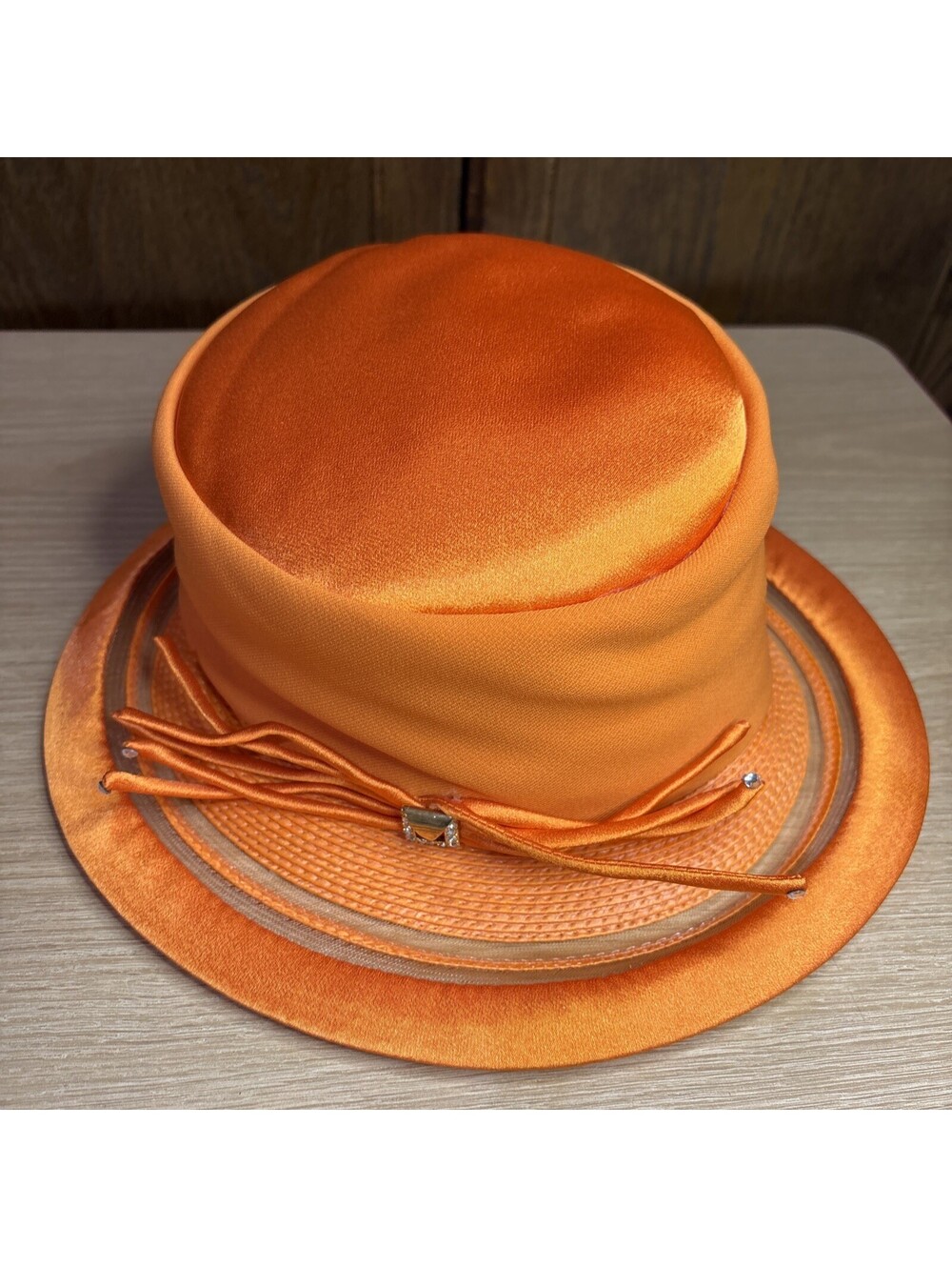 Milano Women's Orange Hat Kentucky Derby Church Satin with Rhinestones Hat
